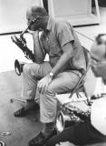 Black and white photo of saxophonist